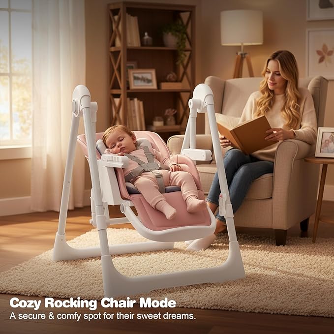 High Chairs for Babies and Toddlers Foldable High Chair Adjustable with Reclining Seat & Leg Rest, 3-in-1 Convertible Baby Swings with Tool-Free Assembly (Pink)