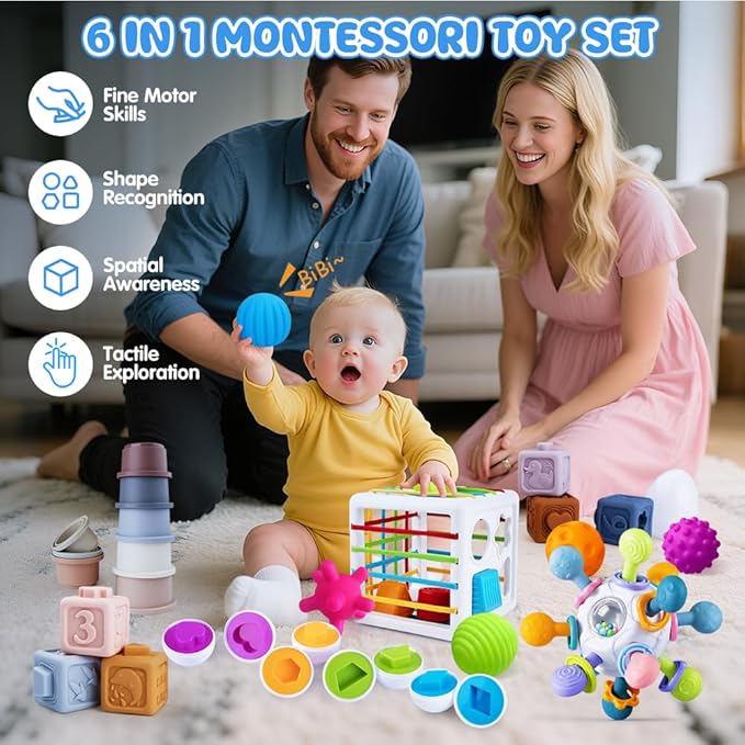 6 in 1 Baby Toys 6 to 12 Months, Montessori Toy for 1 Year Old, Infant Teething Toy Stacking Blocks Cups,Sorting Sensory Bin, Matching Egg Sensory Ball Educational Learning Gift for Toddlers Aged 1-3