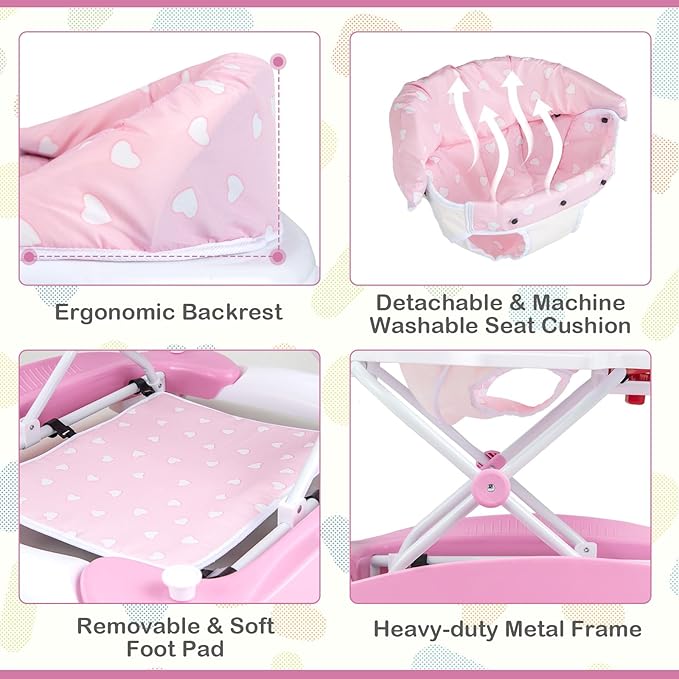 BABY JOY 6-in-1 Baby Walker, Foldable Baby Walker with Wheels, Adjustable Height, Music, Lights, Bouncer & Rocker Mode, Baby Walkers for Boys Girls 6-14 Months (Pink)