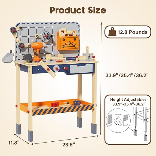 BIERUM Kids Tool Bench - Wooden Toddler Tool Bench with Electric Drill, Kids Workbench Playset with Realistic Tools, Tool Bench for Kids Ages 1-3 3-5, Pretend Play Construction Toy Gift for Toddler
