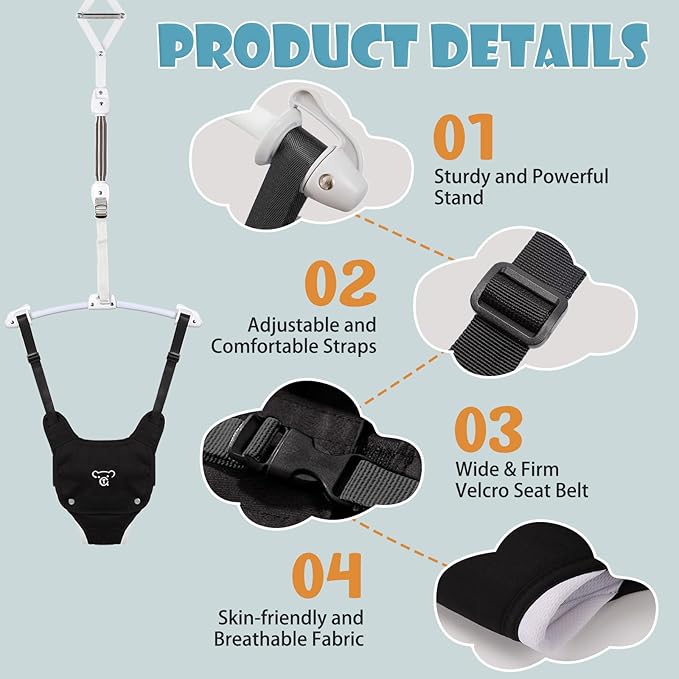 Baby Jumper, Baby Jumper Doorway with Adjustable Strap, Easy to Assemble, with a Soft Rug (Black)