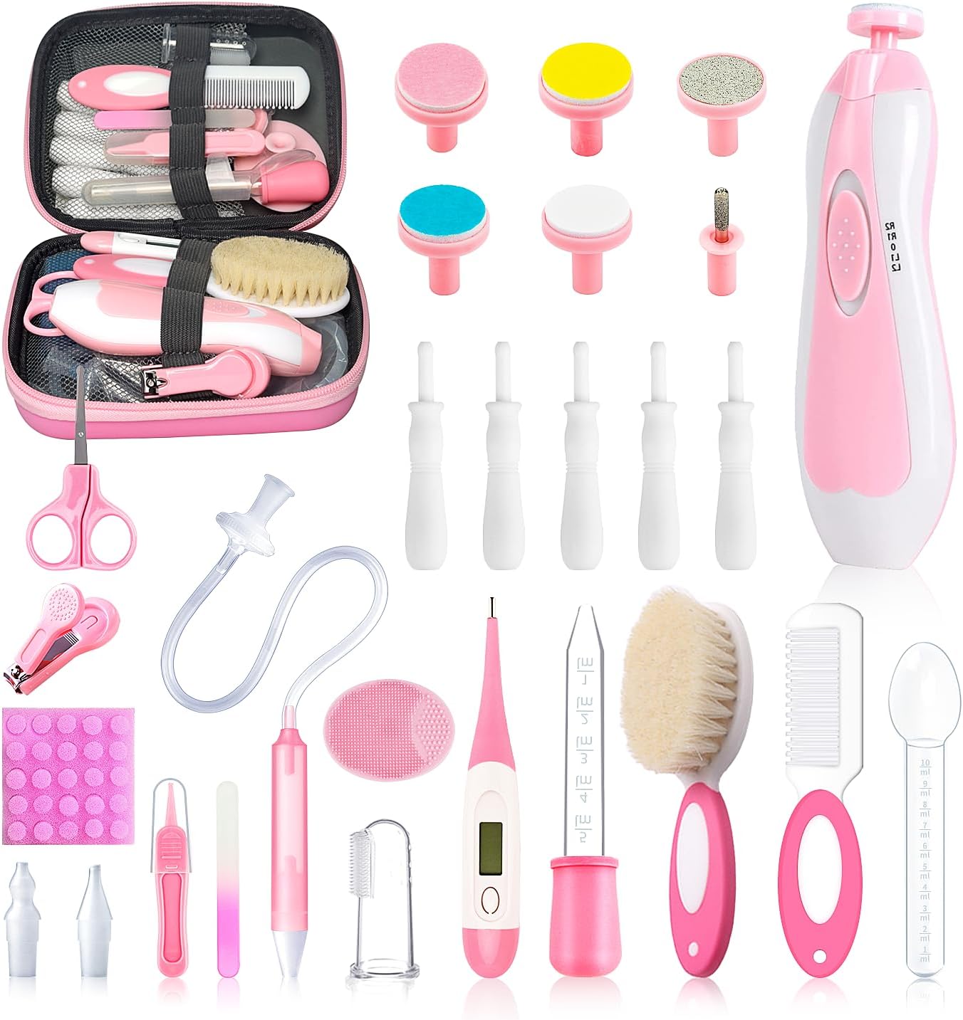 28 in 1 Baby Healthcare and Grooming Kit, Infant Baby Nursery Kit Electric Nail Trimmer Set with Gas Colic Passer Nasal Aspirator Nail Clipper Hair Brush Comb for Newborn Girls Boys (Pink)