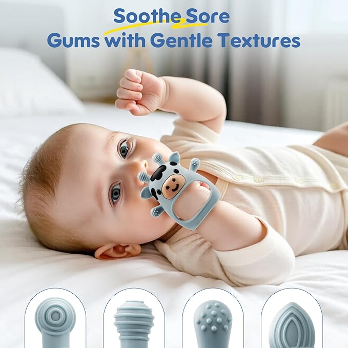 TOHIBEE 2 Packs Baby Teething Toys for 0-6 6-12 Months, Food Grade Silicone Adjustable Cow Teething Mitten, Chew Teether Toys for Teething Pain Relief, Baby and New Born Essentials, Blue & White