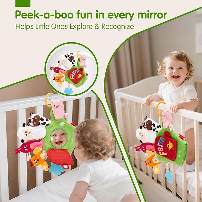hahaland Baby Sensory Toys 6-12 Months – Montessori Farm Animal Hand Puppets with Rattle, Crinkle, Teether, Mirror – Multi-Sensory Infant Toys for Boys and Girls, Ideal Birthday Christmas Gift
