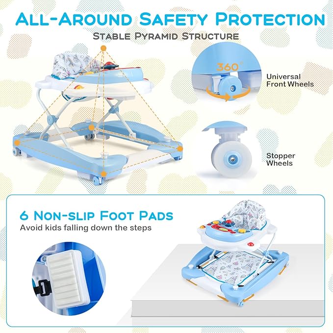 BABY JOY 6-in-1 Baby Walker, Foldable Baby Walker with Wheels, Adjustable Height, Music, Lights, Bouncer & Rocker Mode, Baby Walkers for Boys Girls 6-14 Months (Blue)