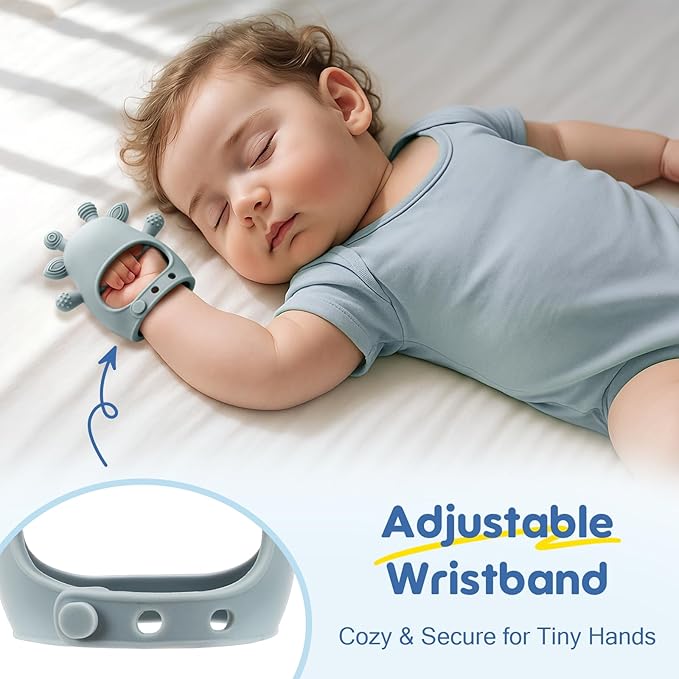 TOHIBEE 2 Packs Baby Teething Toys for 0-6 6-12 Months, Food Grade Silicone Adjustable Cow Teething Mitten, Chew Teether Toys for Teething Pain Relief, Baby and New Born Essentials, Blue & White