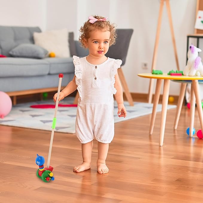 Wooden Cartoon Animal Push Walker for Walker Push with Stable Design Material Promotes Motor Skill Development and Social Interaction for Boys