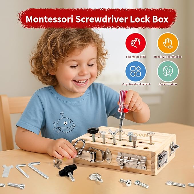 Montessori Busy Board Toddler Toys for Ages 3+ - Wooden Sensory Latches Board with Lock & Key & Kid Tool Screwdriver Set, Preschool Educational Toy - Fine Motor Skills - STEM Learning Toys