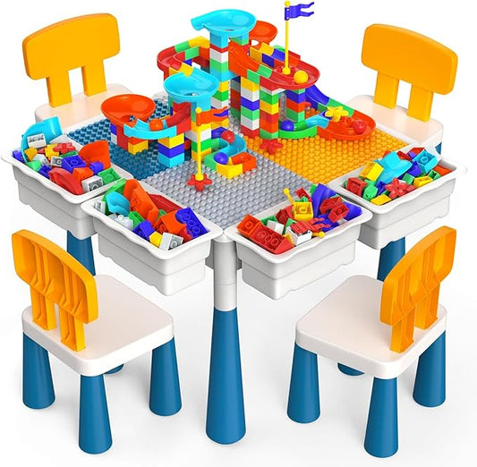 arscniek Toddlers Activity Table 7 in 1 Kids Activity Tables and 4 Chairs with 152Pcs Large Marble Run Building Blocks, Sand/Water Tables, Kids Learning Play Table Toys for Girls Boys Toddler Age 3-7