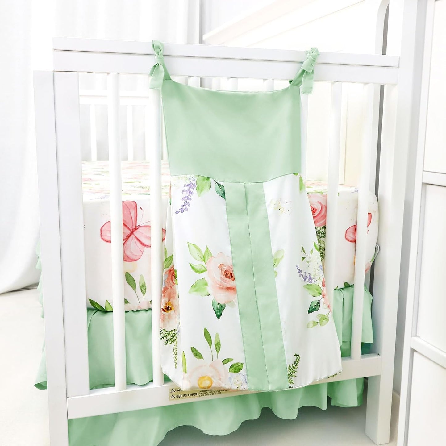 4-Piece Crib Bedding Set, Baby Girl Crib Bedding Set Butterflies Floral Nursery Bedding Set Includes Comforter, Fitted Crib Sheet, Crib Skirt, and Diaper Stacker, Green & Pink