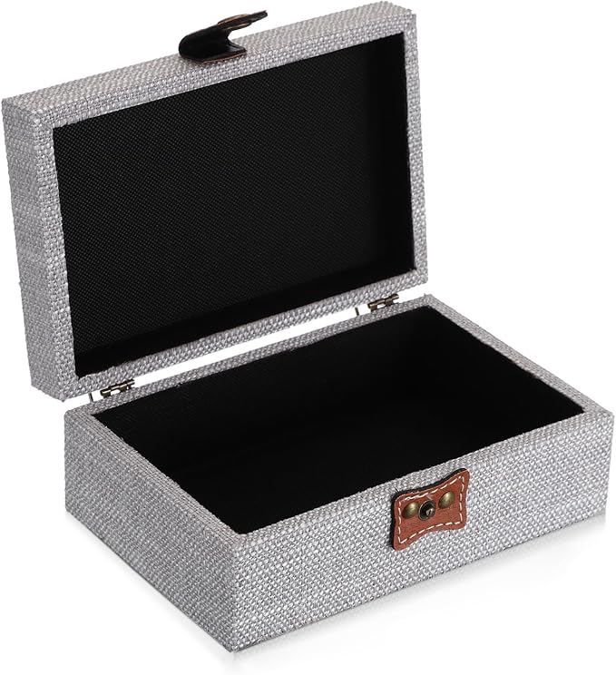Hipiwe Jewelry Storage Box Treasure Chest Wooden Box with Linen Covered Rectangular Gray Keepsake Case with Clasp Dcorative Photo Storage Organizer for Women Gift, Small