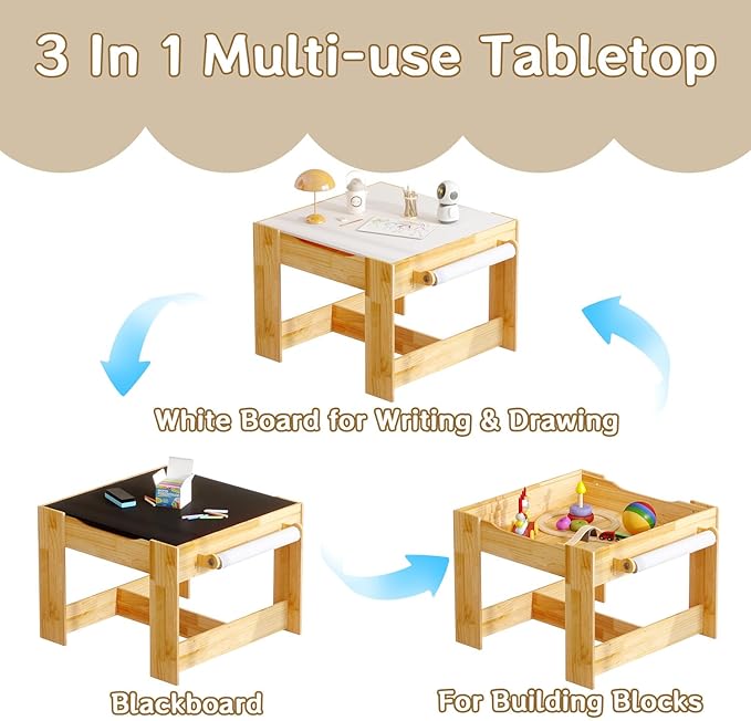 Pinewood Kids Table and Chair Set, 3 in 1 Toddlers Wooden Art Activity Table Desk with Chairs and Storage, Children Removable Tabletop, Blackboard, Natural