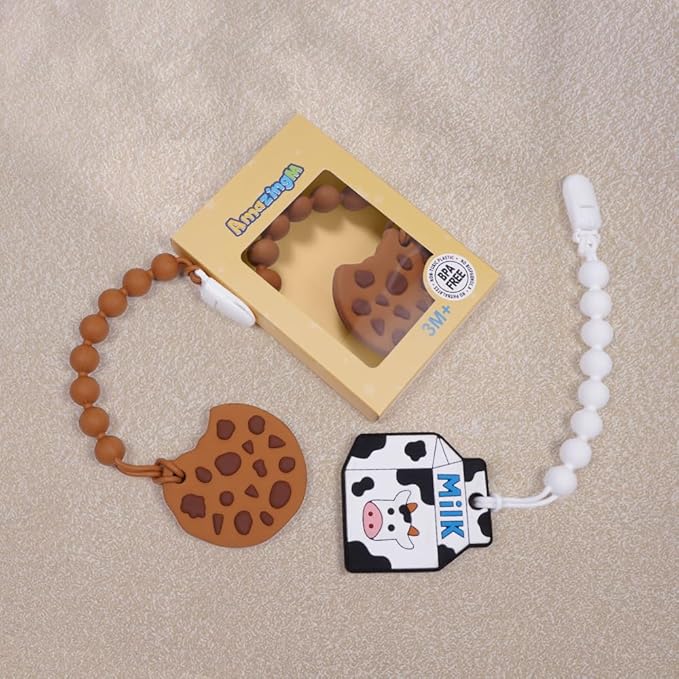 Baby Food Grade Silicone Teether Toy with One Piece Design Pacifier Clip Holder,Teething Toys Gift Set for 3 Months+ Boys and Girls,Freezer Safe,BPA Free. (Cookie)