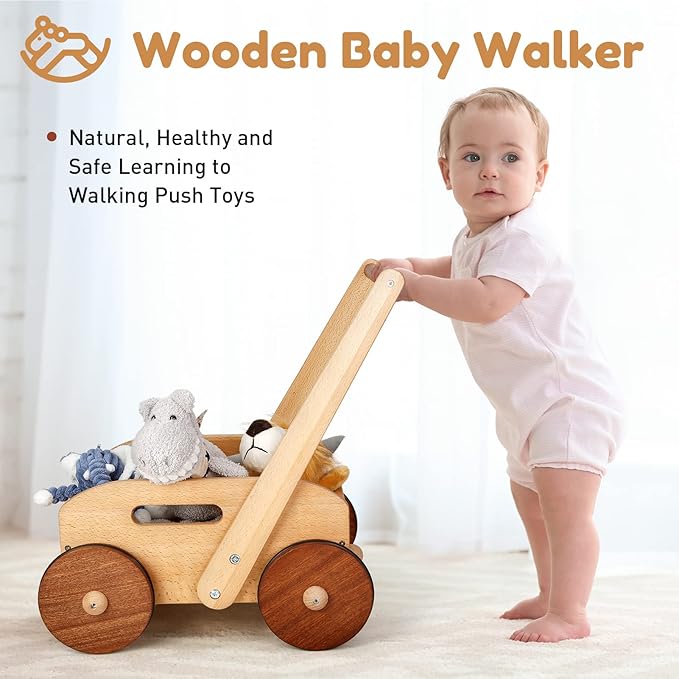Woodtoe Wooden Baby Walker, Adjustable Speed Baby Push Walker, Montessori Push Toys for Babies Learning to Walk, Educational Walking Toys Gift for Toddler Boys Girls 1 2 3 Years Old