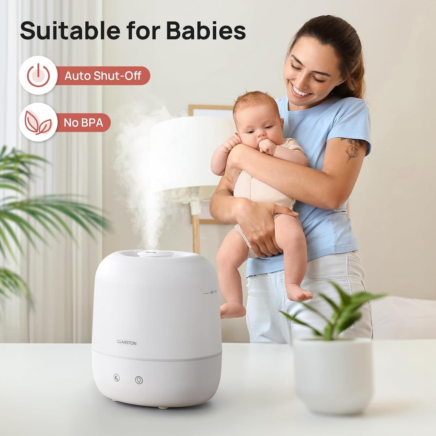 2L Cool Mist Humidifier for Bedroom with 360° Adjustable Nozzle, High and Low Mist Levels, Ultra-Low Noise, Light-Off, No BPA, Auto Shut Off, Ideal Baby Humidifier with Easy Top Filling