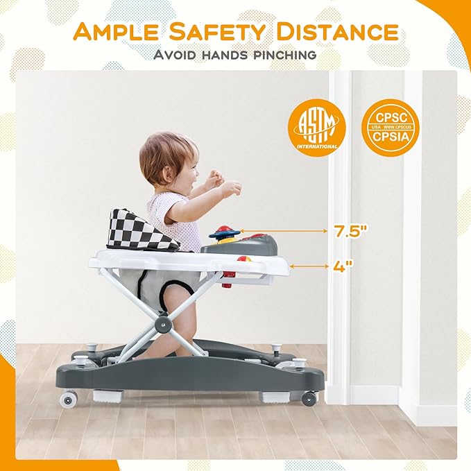 BABY JOY 6-in-1 Baby Walker, Foldable Baby Walker with Wheels, Adjustable Height, Music, Lights, Bouncer & Rocker Mode, Baby Walkers for Boys Girls 6-14 Months (Gray)