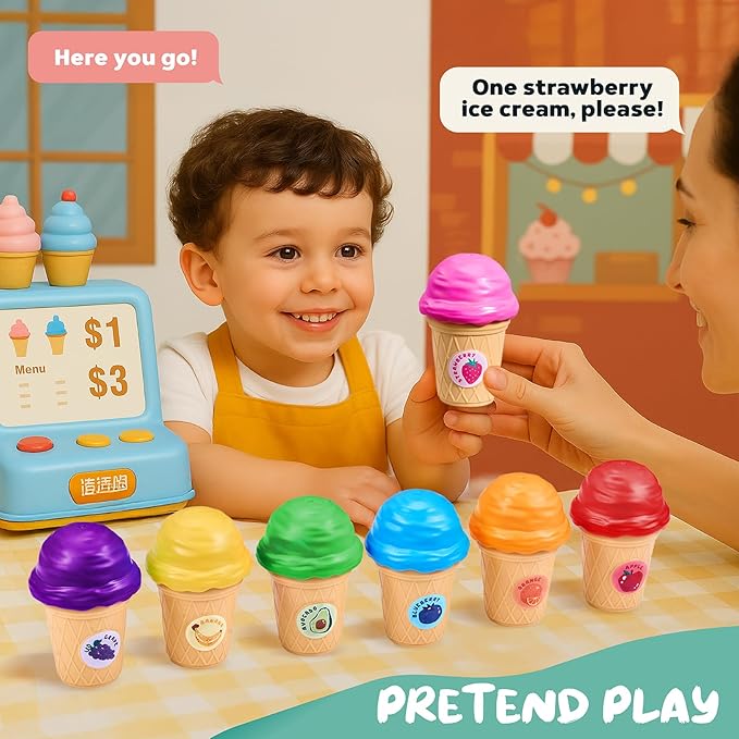 JOYCAT Ice Cream Play Set for Toddlers 1-3, Color Sorting Stacking Toys with 7 Matching Cones & Scoops, Pretend Play Food for Girls Kids Christmas Gifts, Fine Motor Skills Learning Toys for Preschool