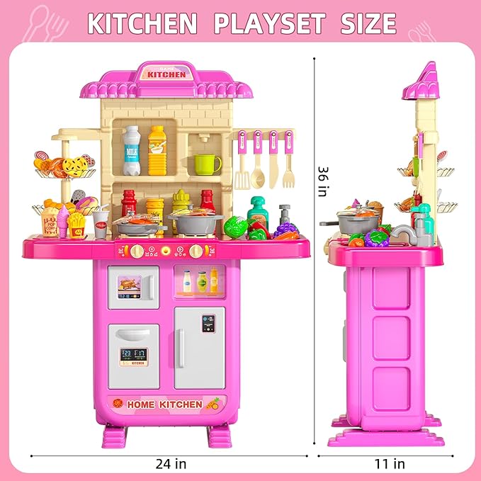 Play Kitchen Playset, Girls Kitchen Toys for Ages 2-6 4-8 with Light, Sound and Spraying, Sink Toy Accessories, Cooking Stoves, Pretend Food for Toddlers 1-3 3-5