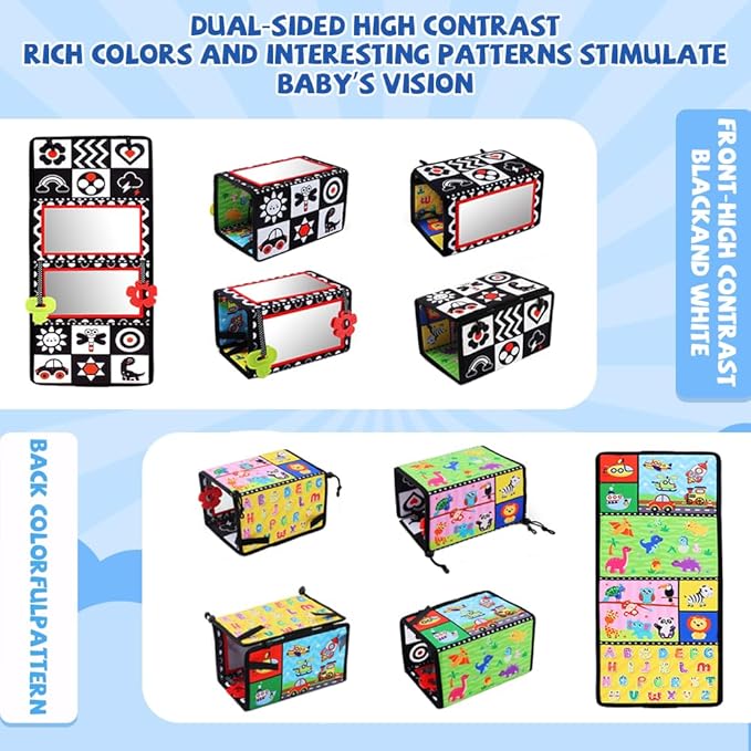 Tummy Time Mirror, Double-Sided Baby Mirror Black and White High Contrast Baby Toys for Babies Newborn Infant, Crawling Toys Boys Girls Sensory Toys Activity mat