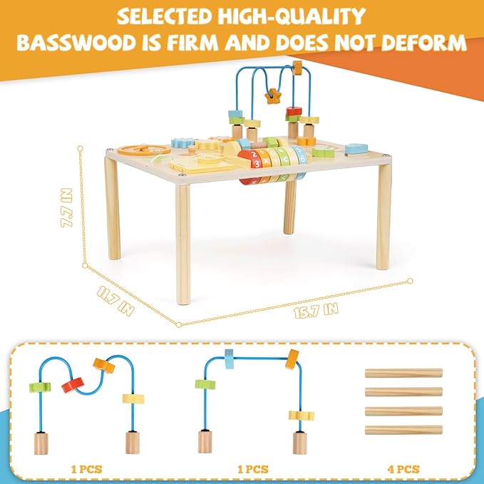 Wooden Activity Table for Toddlers – 8-in-1 Multi-Color Montessori Activity Center&Baby Activity Cube with Bead Maze, Shape Sorter, Gears, Math & Clock Toys,Educational Gift for 1 Year Old Boys Girls