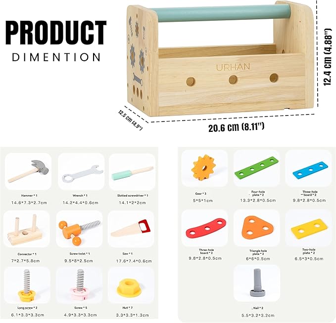 Kids Tool Set – 35 Pieces Wooden Toddler Tool with Box – Montessori STEM Educational Pretend Play Construction Toy for 3 to 8 Year Old Boys Girls – Best Birthday Gift