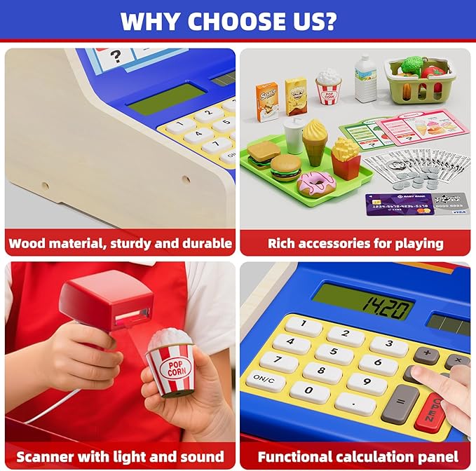 Wooden Cash Register for Kids, Rechargeable Pretend Play Supermarket & Fast Food Restaurant, Teen Cash Register with Play Money, Toy Food, Toddler Learning Toys for Kids Boy & Girl Age 3-5, Blue