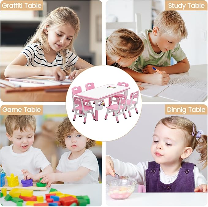 IDEALHOUSE Kids Table and 6 Chairs Set, Height Adjustable Toddler Table and Chair Set, Graffiti Desktop, Children Study Table for 6 for Home Daycare Preschool for Ages 2-10, Pink