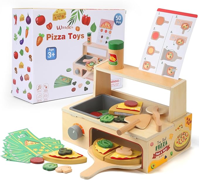 50PCS Wooden Pizza Toy, Pizza Counter Playset with Bake Oven, Kitchen Play Food and Accessories for Kids, Montessori Pretend Play Toys for Boys Girls Age 3+