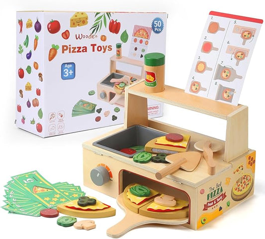 50PCS Wooden Pizza Toy, Pizza Counter Playset with Bake Oven, Kitchen Play Food and Accessories for Kids, Montessori Pretend Play Toys for Boys Girls Age 3+