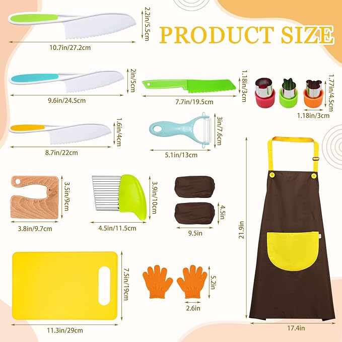14 Pieces toddler knife, Kids Knife Set Include Wood Kids Safe Knife, Plastic Toddler Knife, Cutting Board, Apron, Y Peeler, Crinkle Cutter, Kitchen Sleeves Covers, Gloves, Sandwich Cutter
