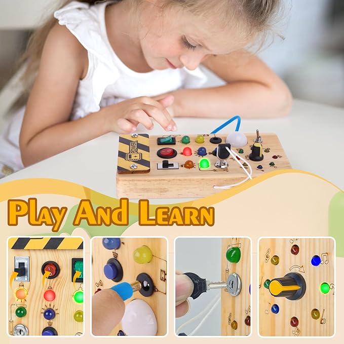 Hoarosall Montessori Wooden Busy Board with 8 LED Light switches, Sensory Toys Light Switch Travel Toys for 1+ Year Old Baby and Toddler