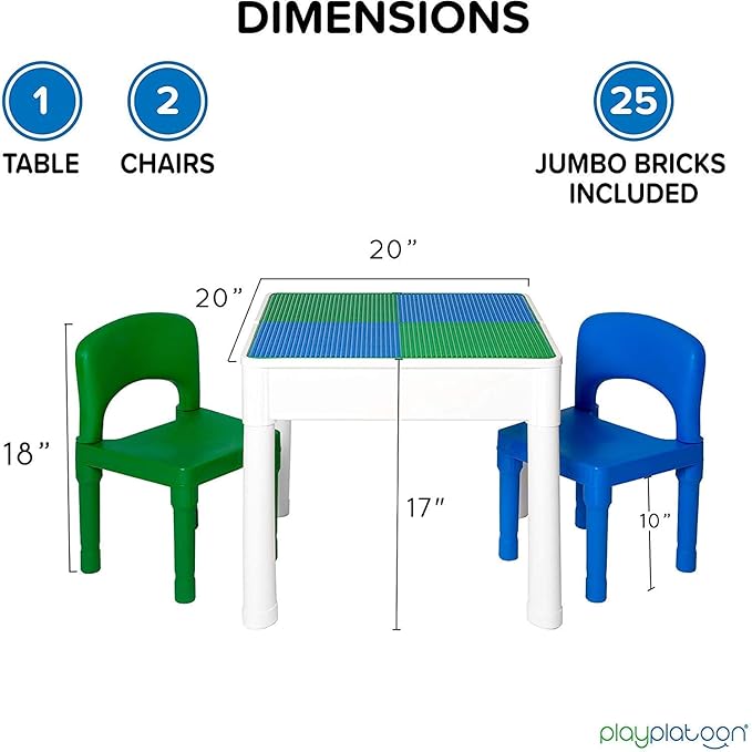 Play Platoon 5 in 1 Kids Activity Table and Chair Set - Building Block, Stem, Craft & Sensory Tables for Toddlers with 2 Chairs & 25 XL Blocks - Blue and Green