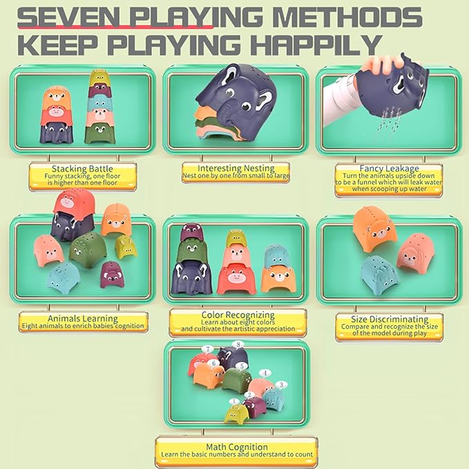 Animal Stacking Cups Bath Toys for Toddlers, 8PCS Nesting Cups Set for Boys & Girls 1-3, Montessori Toys for Toddlers 6-12 Months Play for Indoor/Outdoor/Bathtub/Beach