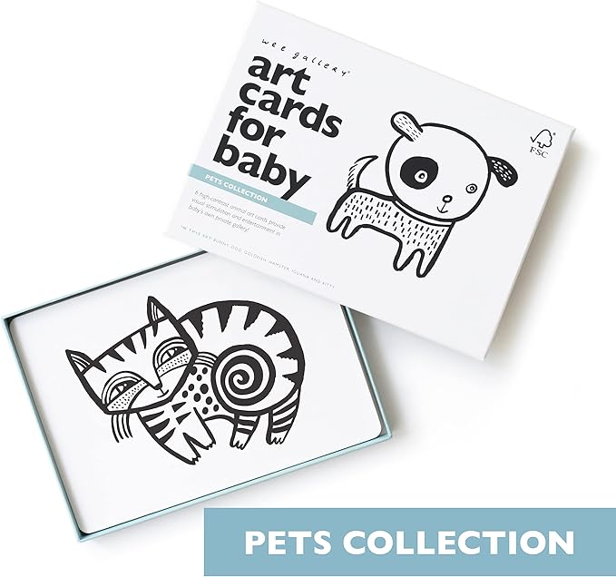 Wee Gallery Art Cards for Baby, Durable High Contrast Black and White Animal Flashcards for Newborns, Brain Development, Sensory Toys, Tummy Time Essentials for Infant and Toddler - Pets