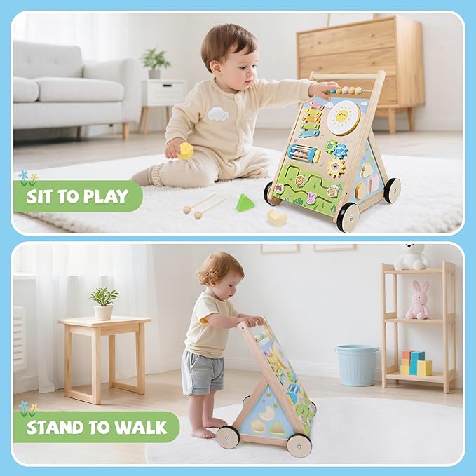Wooden Baby Walker with Wheels, Montessori Baby Push Walker for Babies 6-12 Months, Baby Activity Center Walking Toy for 1 Year Old Learning to Walk Toddler Girls Boys