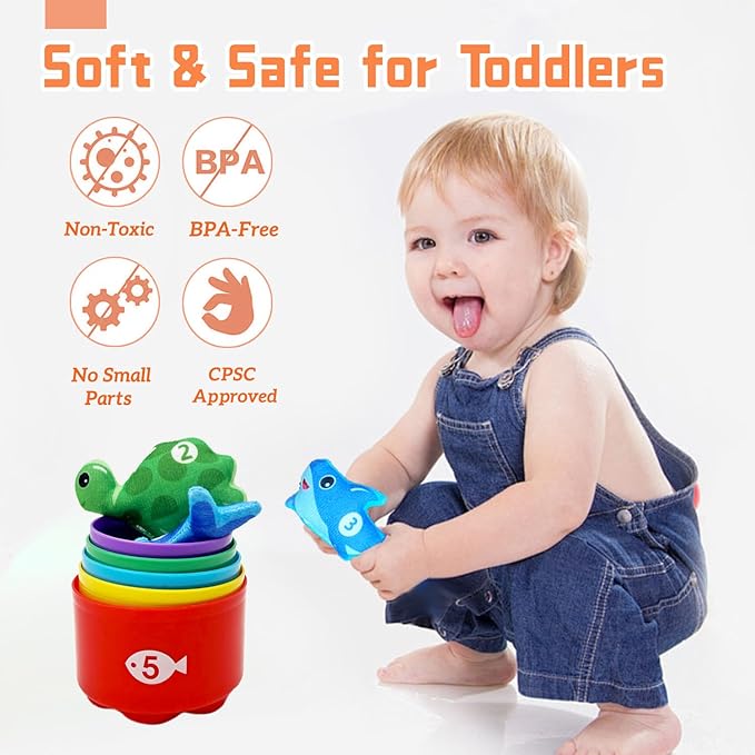 Montessori Toys for 1 Year Old, 22PCS Cloth Fishing Game with Stacking Cups Sensory Baby Toys 6-12 Months,Toddler Education Learning Toys for 1 2 Year Old Boy Girl Gifts (Sea Animals)