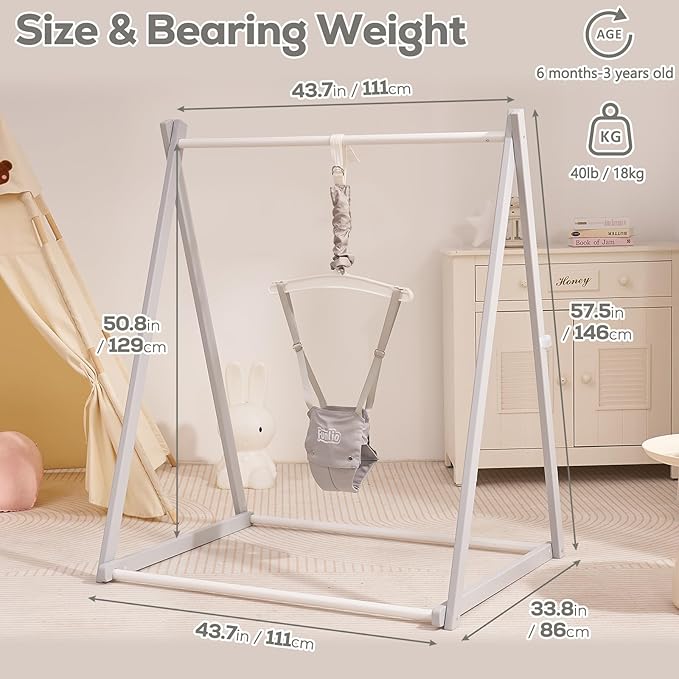 FUNLIO Montessori Wooden Baby Jumper with Stand for 6-36 Months, Adjustable Baby Bouncer for Indoor/Outdoor Play, Foldable Toddler Jumper for Baby Girl/Boy, Easy to Assemble & Store - Grey