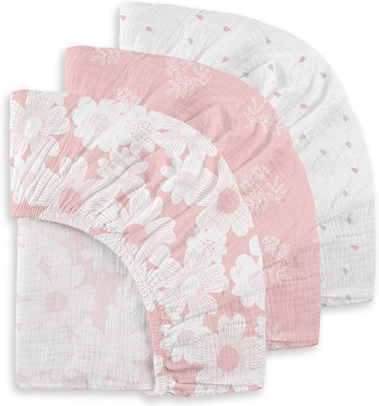 Gllquen Baby Muslin Mini Crib Sheets 3 Pack, Breathable Pack and Play Sheets Fitted Soft Cozy Cotton Pack N Play Sheets for Baby Boy Girls, Universal Fitted Mini Crib Mattresses 38"x26" (Pink)
