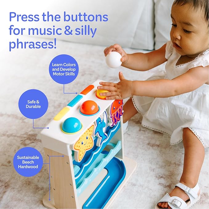 Move2Play, Wooden Ocean Friends | 30+ Fin-Tastic Songs & Phrases | Baby & Toddler Musical Toy | First Birthday Present for 1+ Year Old | Ages 6-24 Months | Boy & Girl Ball Drop Toy