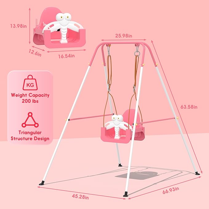 3-in-1 Toddler Swing Set, Baby Swing with Safety Belt, Indoor/Outdoor, Easy to Assemble Kids Swing Seat with Sturdy Metal Stand for Playground, Backyard and Nursery, Pink White