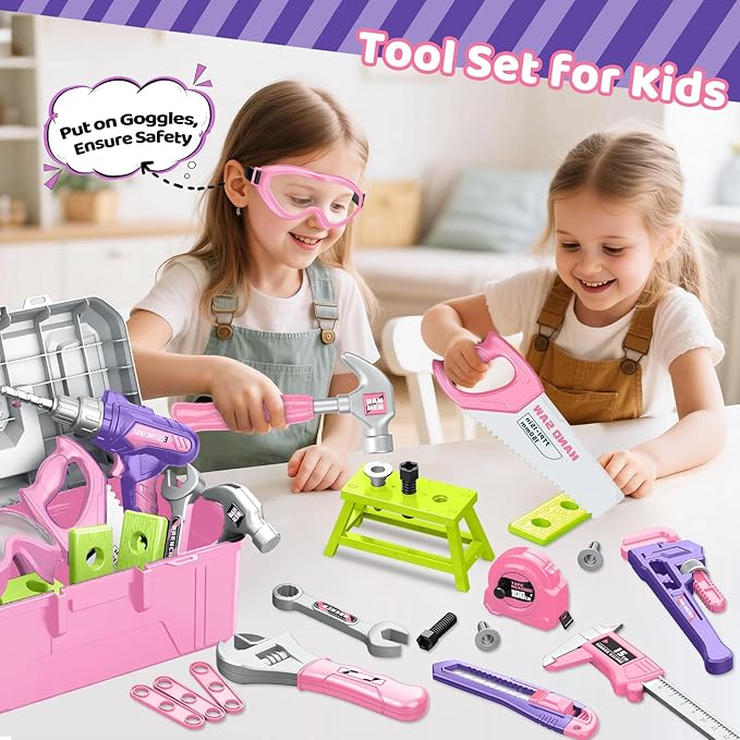 Kids Tool Set 46 PCS, Toddler Tool Set with Portable Tool Box & Power Toy Drill, Construction Toys Tools for Toddlers, Tool Kits for Girls Boys, Christmas Birthday Gifts for Kids Ages 3,4,5,6,7,8+