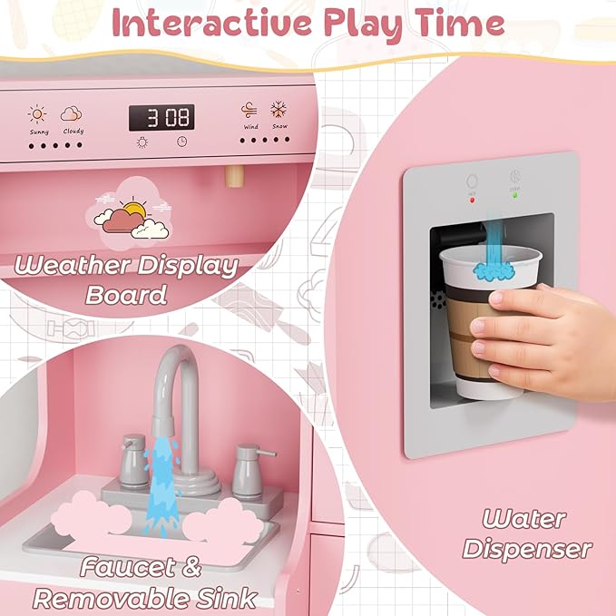 MAMIZO Wooden Play Kitchen for Kids, Toddler Toy Kitchen Playset, Large Interactive Pretend with 6 Kitchenware, Realistic Water Dispenser & Hood w/Lights & Sounds, Sink, Stove, Oven, Microwave (Pink)