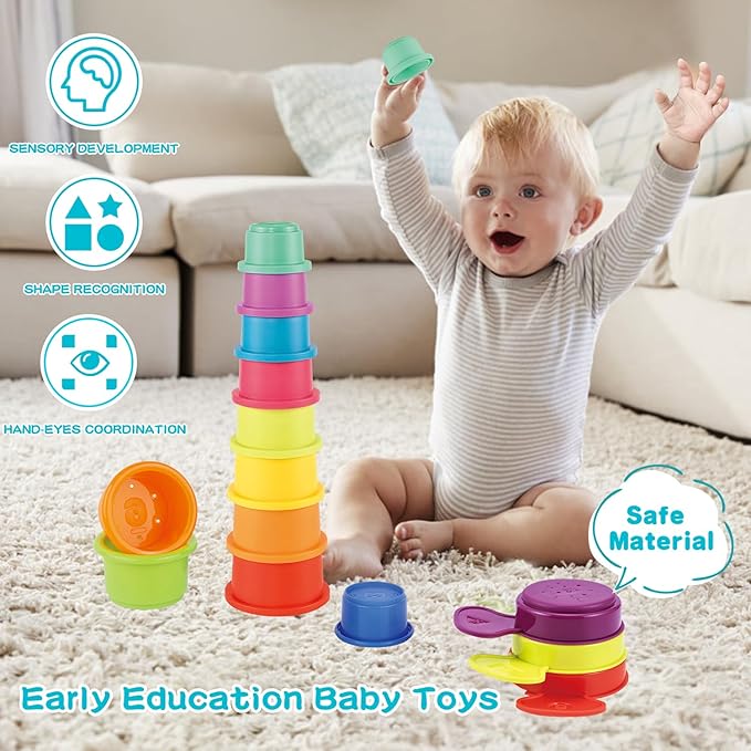 Bath Toys for Babies 6-12 Months, 14PCS Baby Stacking Cups for Toddlers 1-3 with Colorful Bathtub Water Toys and Educational Nesting Cups & Bath Spoons Montessori Bath Toys for 1 Year Old