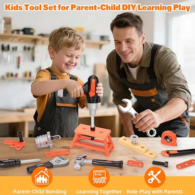 50PCS Kids Tool Set for Boys Ages 3 4 5 6 Years Old - Pretend Play Construction Tool Kits with Portable Tool Bag & Electronic Toy Drill, Toddler Tool Set, Christmas & Birthday Gifts for Boys