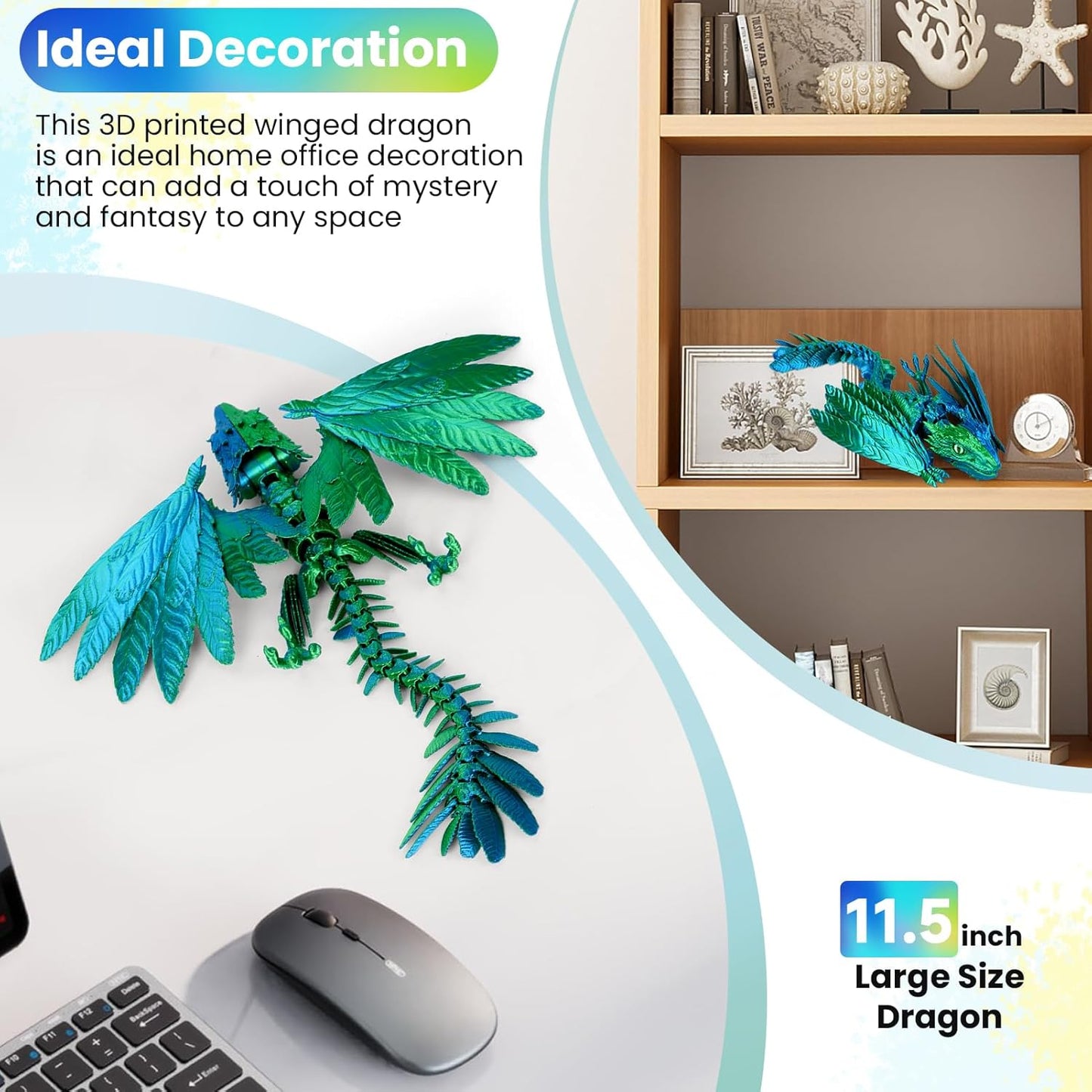 3D Printed Dragon with Wings,3D Printed Animals Toy,3D Printed Flexible Dragons,Crystal Dragon Fidget Toys,Full Articulated Dragon Crystal Dragon ,Adults Fidget Toys for Autism ADHD,Home Office Decor