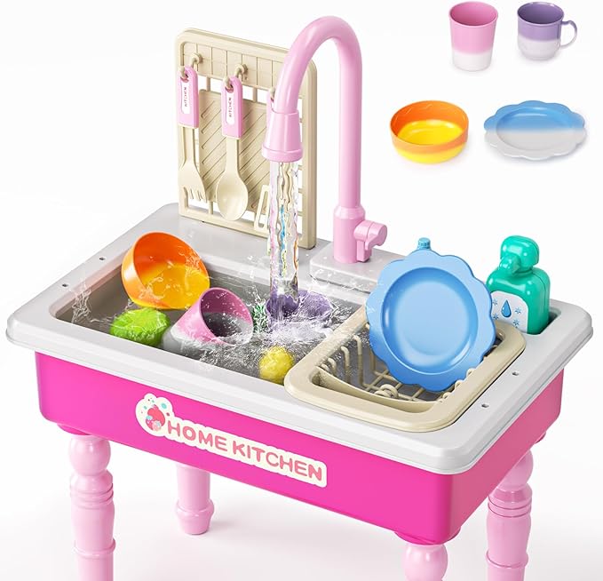 Doloowee Color Changing Kitchen Sink Toys,Electric Dishwasher Playing Toy Play Sink for Kids 3-5 with Running Water,Upgraded Faucet and Play Dishes,Pretend Play Kitchen Toys for Kids Boys Girls(Pink)