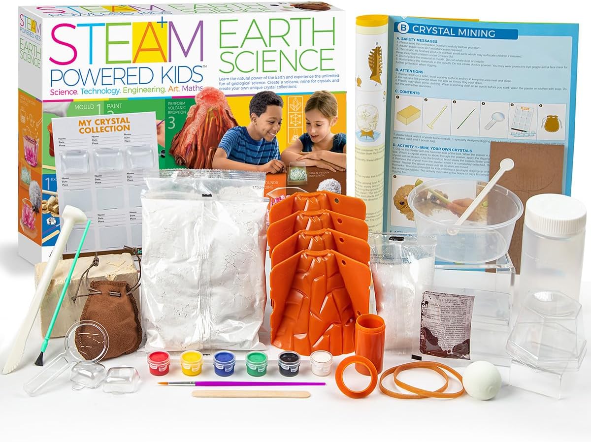 4M - STEAM Earth Science - Educational Science Kits for Kids Ages 5+ with 5 Experiments: Volcano Eruption, Excavate Crystals, Crystal Growing, & More - Hands-On Geology STEM Learning Science for Kids