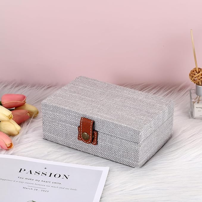 Hipiwe Jewelry Storage Box Treasure Chest Wooden Box with Linen Covered Rectangular Gray Keepsake Case with Clasp Dcorative Photo Storage Organizer for Women Gift, Small