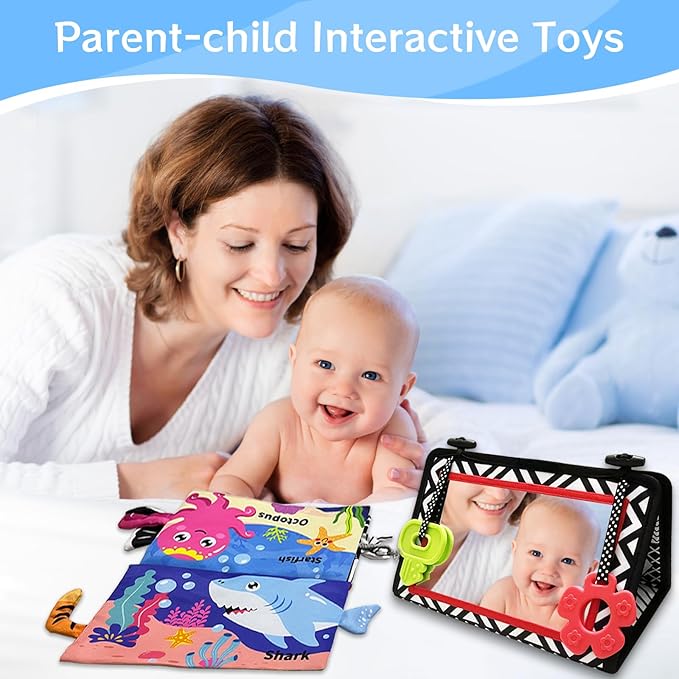 Tummy Time Mirror Newborn Toys: Black and White Infant Tummy Time Toys 0-3 0-6 6-12 Months Babies High Contrast Baby Toy with Book & Teethers Montessori Sensory Toy for Boy Girl Baby