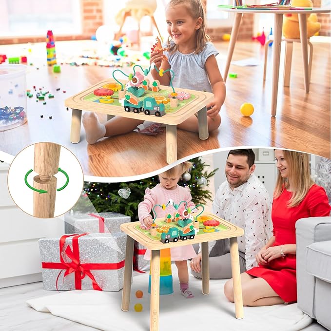 3-in-1 Baby Activity Table for 6-36 Months Old Kids Wooden Activity Center Sensory Play Table for Toddlers with Bead Maze Shape Sorter Montessori Toys Sand Table Must Have Birthday Gift for Girls Boys